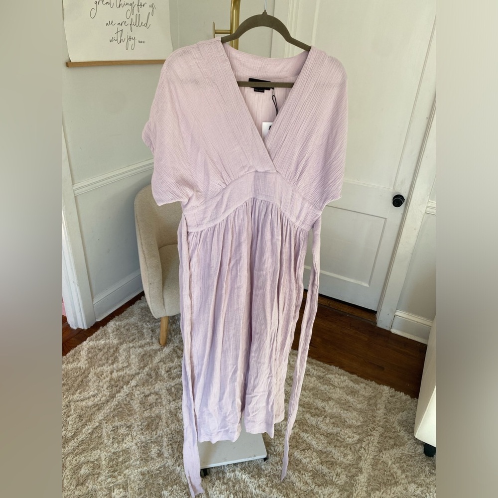 Hatch Muted Lilac 100% Gauze Cotton Maxi V Neck dress w/ bat wing Easter Spring